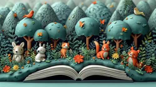 whimsical illistration of A cozy reading nook with animals enjoying storybooksperfect book illustrat.jpg