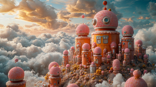 whimsical illistration of A curious robot exploring a futuristic city made of candyperfect book illu.jpg