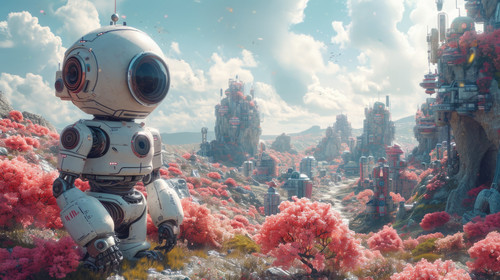 whimsical illistration of A curious robot exploring a futuristic city made of candyperfect book illu.jpg