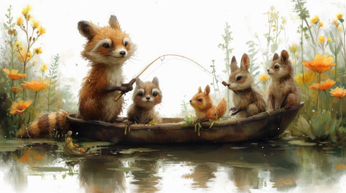 whimsical illistration of Animals having a fishing trip in a pond full of surprisesperfect book illu.jpg