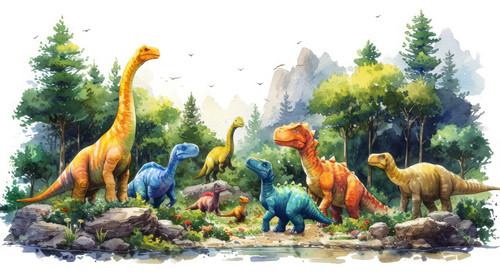 whimsical illistration of A group of dinosaurs playing in a prehistoric playgroundperfect book illus.jpg