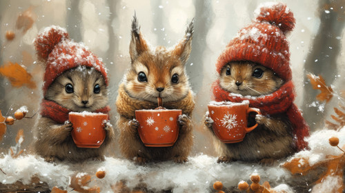 whimsical illistration of A cozy winter scene with animals enjoying hot cocoaperfect book illustrati.jpg
