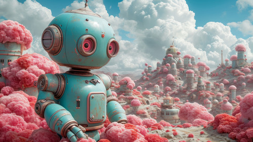 whimsical illistration of A curious robot exploring a futuristic city made of candyperfect book illu.jpg