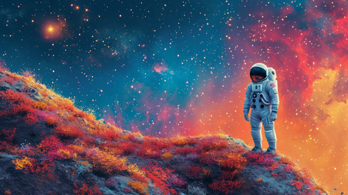whimsical illistration of A brave astronaut exploring a colorful alien planetperfect book illustrati.jpg