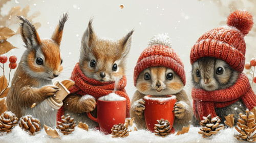whimsical illistration of A cozy winter scene with animals enjoying hot cocoaperfect book illustrati.jpg