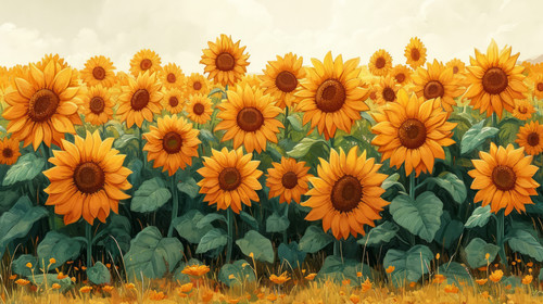 whimsical illistration of A field of sunflowers with smiling sunflower charactersperfect book illust.jpg