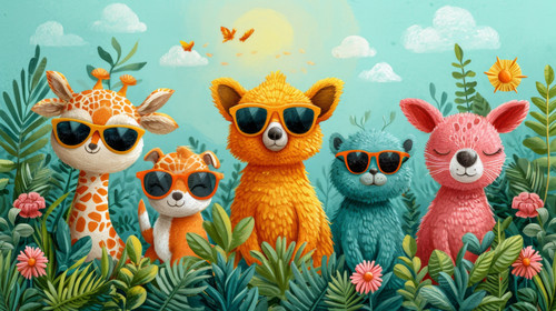 whimsical illistration of A garden where animals wear sunglasses and enjoy the sunperfect book illus.jpg