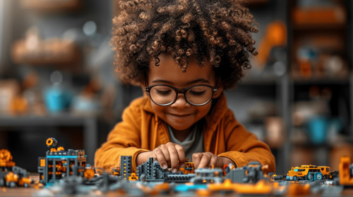 illustration on white background of a Adorable little boy with afro hair smiling while playing with .jpg