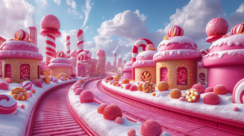 whimsical illistration of A candy factory with conveyor belts of sweets and treatsperfect book illus.jpg