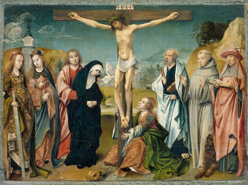 Engelbrechtsz, Cornelis Христос на кресте с Марией, Иоанном, Марией Магдалиной и святыми Цецилия и Б