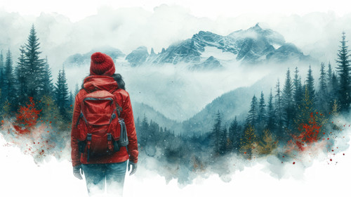 illustration on white background of a A female tourist in the mountains tries to photograph nature i.jpg