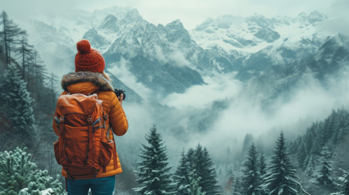 illustration on white background of a A female tourist in the mountains tries to photograph nature i.jpg