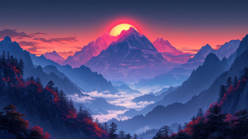 illustration on white background of a A landscape of the Meili Snow Mountains during the sunrise in .jpg