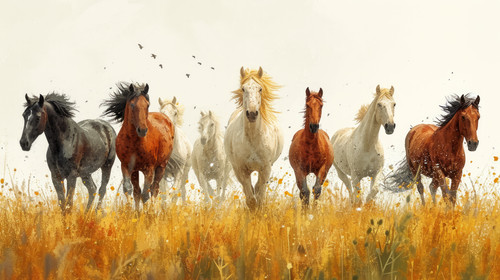 illustration on white background of a A herd of horses graze on the slopes of the Altai mountains Al.jpg