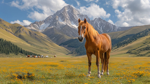 illustration on white background of a A herd of horses graze on the slopes of the Altai mountains Al.jpg