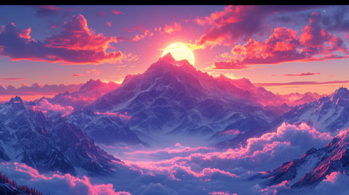 illustration on white background of a A landscape of the Meili Snow Mountains during the sunrise in .jpg