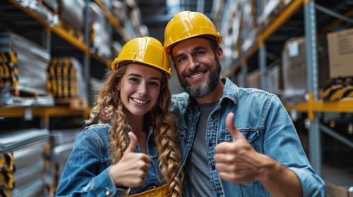 illustration on white background of a A Man and a Female with yellow helmet and man warehouse worker.jpg