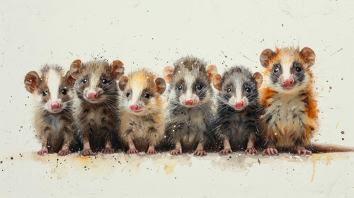illustration on white background of a A Minimal Watercolor Banner of a Row of Opossums on a White Ba.jpg