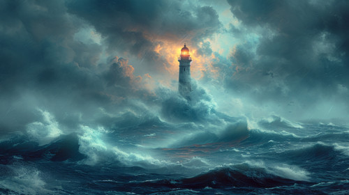 illustration on white background of a A luminous ancient sea lighthouse against the backdrop of huge.jpg