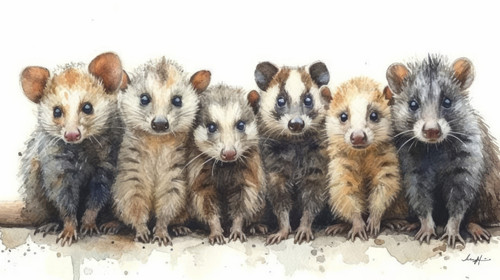 illustration on white background of a A Minimal Watercolor Banner of a Row of Opossums on a White Ba.jpg