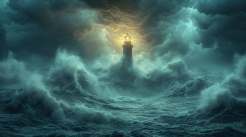 illustration on white background of a A luminous ancient sea lighthouse against the backdrop of huge.jpg