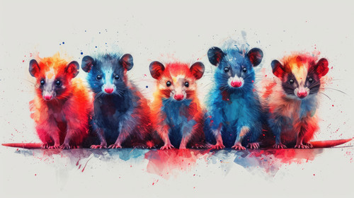 illustration on white background of a A Minimal Watercolor Banner of a Row of Opossums on a White Ba.jpg