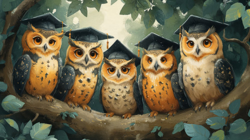 whimsical illistration of A group of owls having a graduation ceremony in a treeperfect book illustr.jpg
