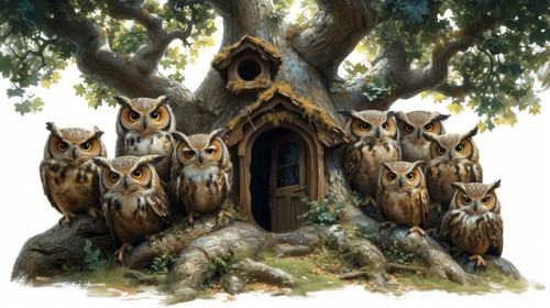 whimsical illistration of A group of owls having a graduation ceremony in a treeperfect book illustr.jpg