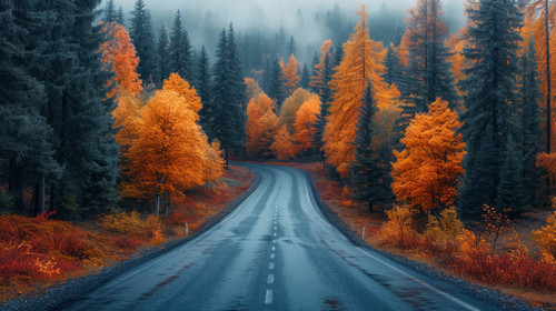 illustration on white background of a Aerial view from drone of concrete road leading through autumn.jpg