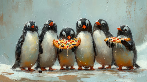 whimsical illistration of A group of penguins having a pizza party on an icebergperfect book illustr.jpg