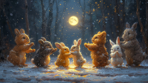 whimsical illistration of Bears and bunnies having a dance party under the moonlightperfect book ill.jpg