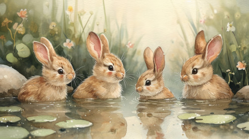 whimsical illistration of Bunnies having a synchronized swimming performance in a pondperfect book i.jpg