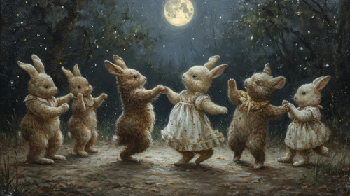 whimsical illistration of Bears and bunnies having a dance party under the moonlightperfect book ill.jpg
