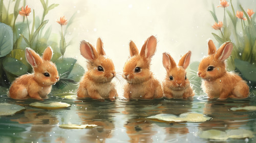whimsical illistration of Bunnies having a synchronized swimming performance in a pondperfect book i.jpg