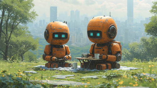 whimsical illistration of Cute robots having a picnic in a futuristic city parkperfect book illustra.jpg