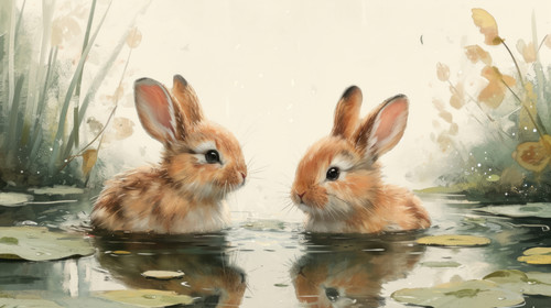 whimsical illistration of Bunnies having a synchronized swimming performance in a pondperfect book i.jpg