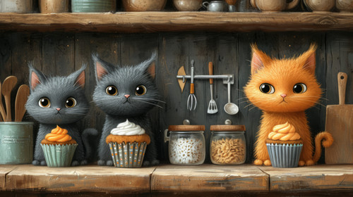 whimsical illistration of Kittens baking magical cupcakes in a tiny kitchenperfect book illustration.jpg