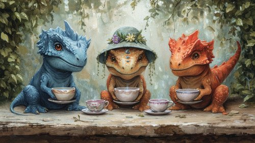 whimsical illistration of Dinosaurs having a fancy tea party with tiny hats and cupsperfect book ill.jpg