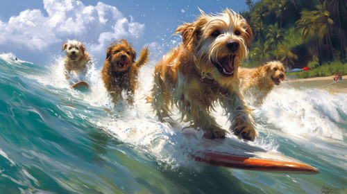 whimsical illistration of Dogs having a surfing competition at a tropical beachperfect book illustra.jpg