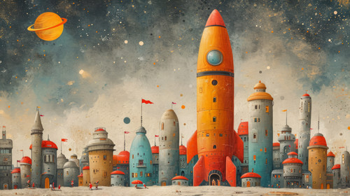 whimsical illistration of Friendly aliens teaching children how to build a spaceshipperfect book ill.jpg