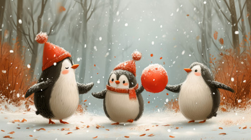 whimsical illistration of Penguins having a snowball fight in a snowy wonderlandperfect book illustr.jpg