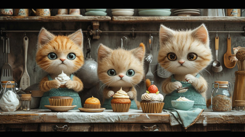 whimsical illistration of Kittens baking magical cupcakes in a tiny kitchenperfect book illustration.jpg