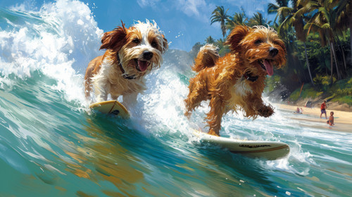 whimsical illistration of Dogs having a surfing competition at a tropical beachperfect book illustra.jpg