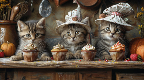 whimsical illistration of Kittens baking magical cupcakes in a tiny kitchenperfect book illustration.jpg