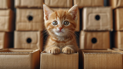 whimsical illistration of A superhero kitten saving the day in a city of cardboard boxesperfect book.jpg