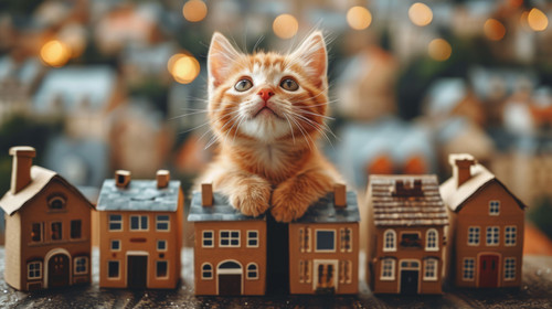 whimsical illistration of A superhero kitten saving the day in a city of cardboard boxesperfect book.jpg