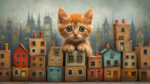 whimsical illistration of A superhero kitten saving the day in a city of cardboard boxesperfect book.jpg