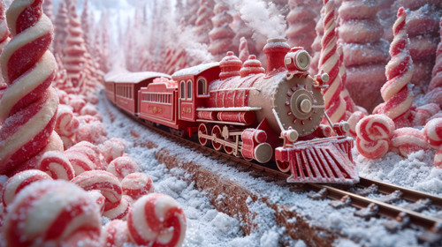 whimsical illistration of A train made of candy traveling through a candy cane forestperfect book il.jpg