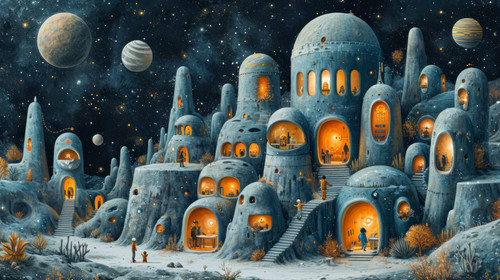 whimsical illistration of A space school where aliens and humans learn togetherperfect book illustra.jpg