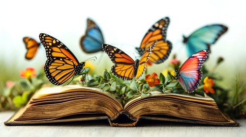 whimsical illistration of A magical kingdom where laughter turns into colorful butterfliesperfect bo.jpg